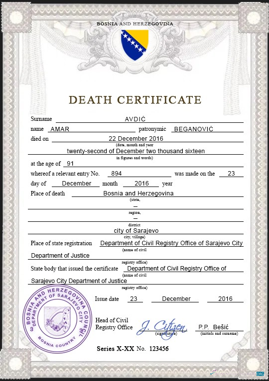 Download Bosnia and Herzegovina vital record death certificate PSD template Photoshop template
